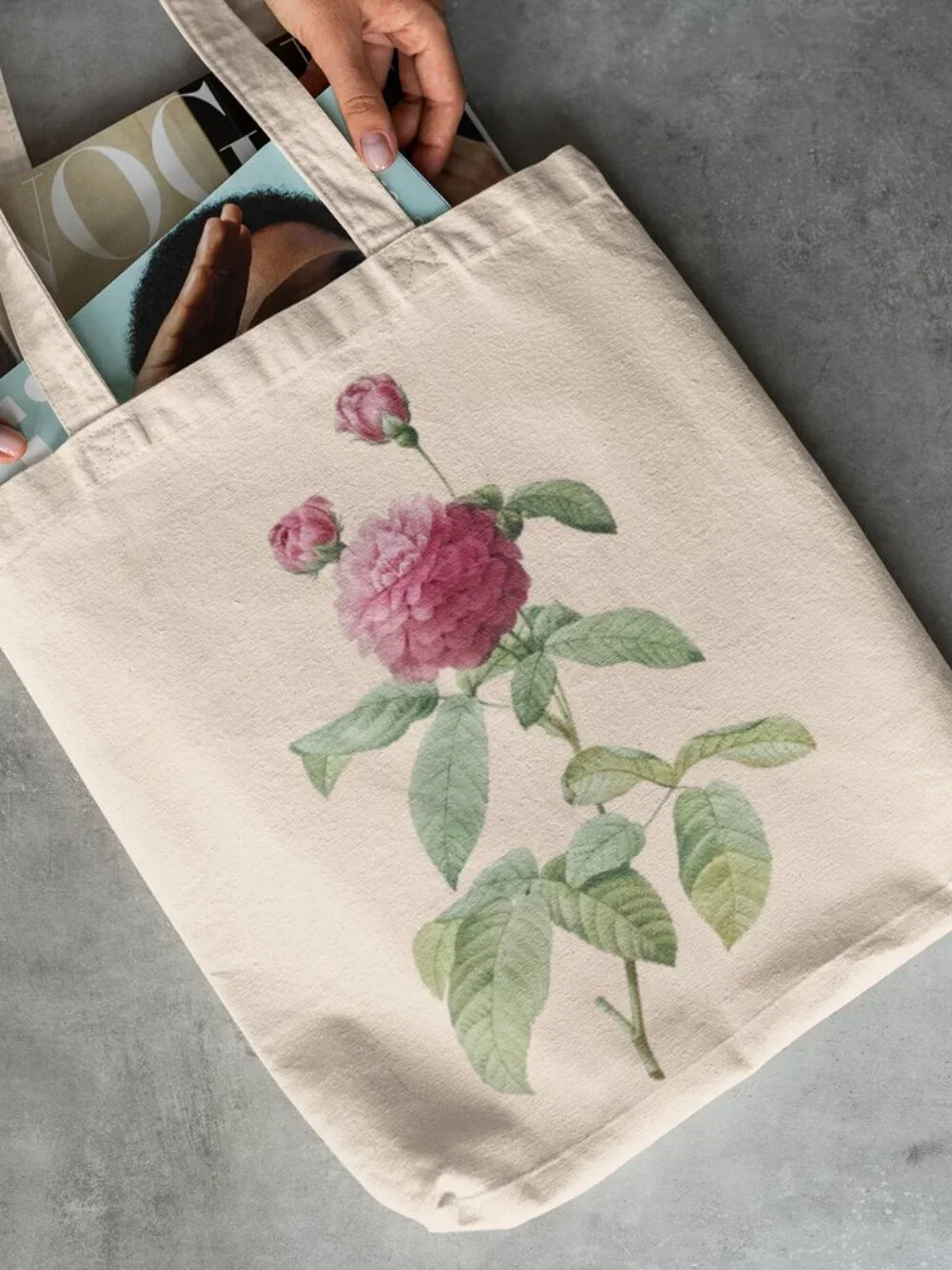 French Rose Vintage Floral Print Graphic Canvas Tote Bag